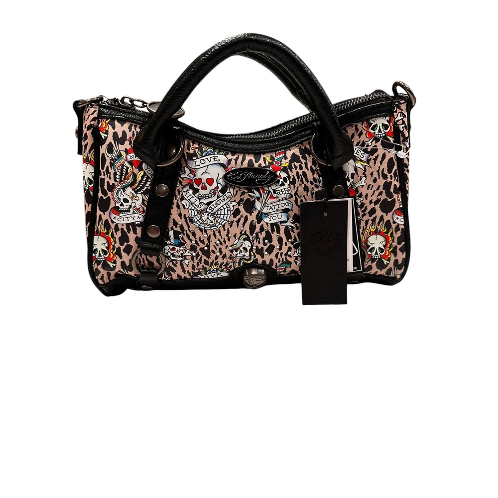 Ed Hardy Leopard Tattoo Print Rhinestone Satchel Bag NWT Skull Bling Y2K Small - Picture 2 of 9